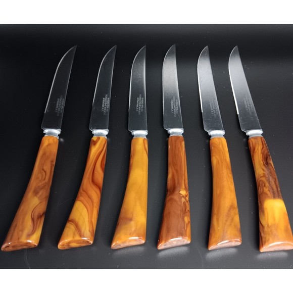 Burns Mfg Co Syracuse NY Bakelite Handle Serrated Steak Knives Cutlery Set 6 MCM - Picture 3 of 5